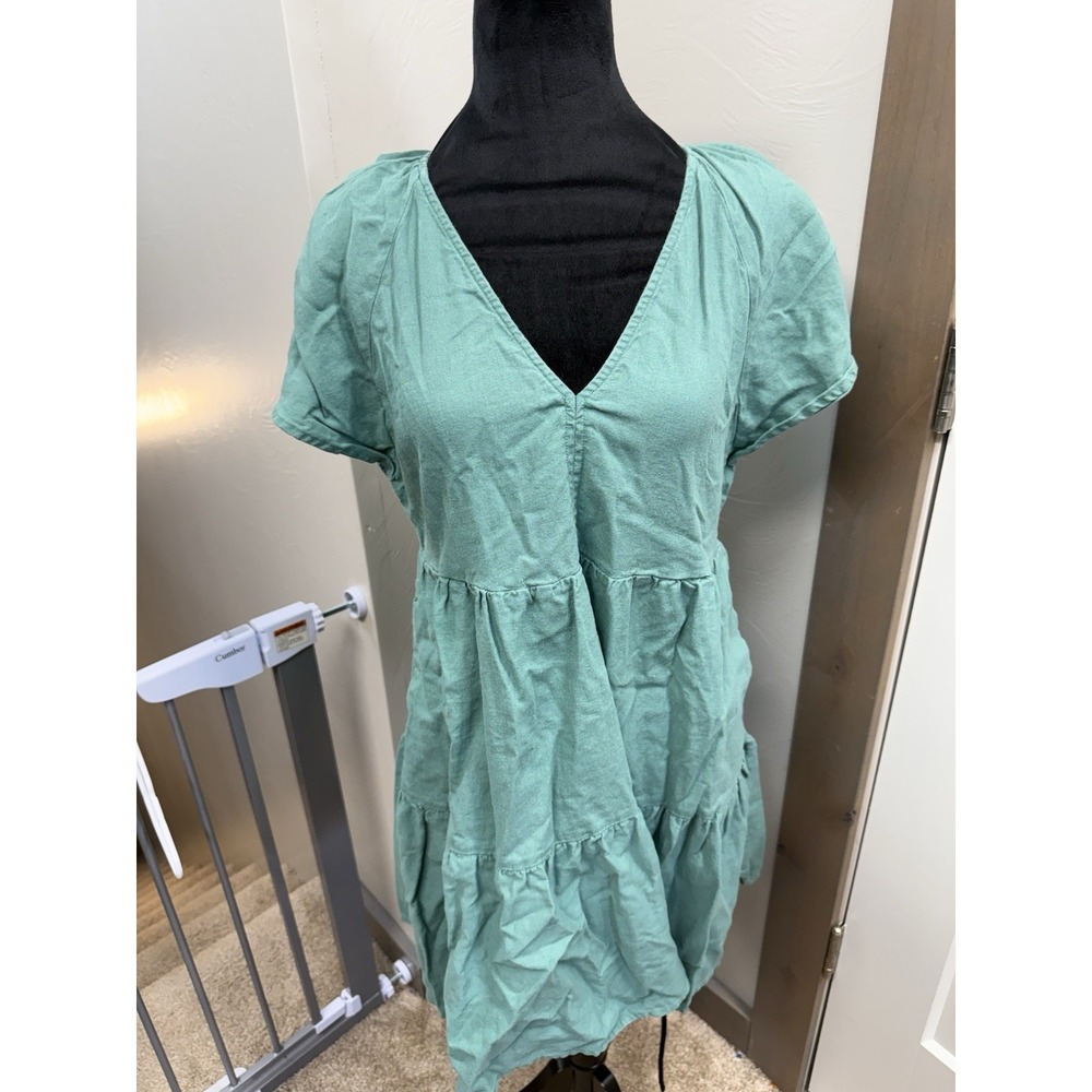 Universal Thread Dress Green Short Sleeve Mini Flare Linen Blend Boho V-Neck S